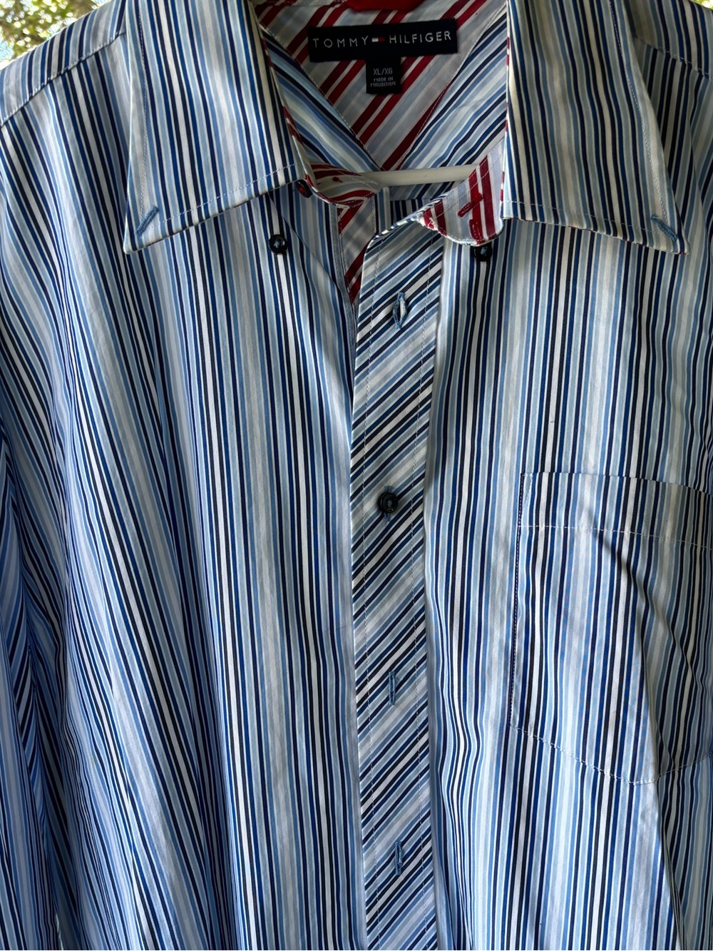 Tommy Hilfiger Men’s Blue and White Striped Button-Up Shirt with Red Accent